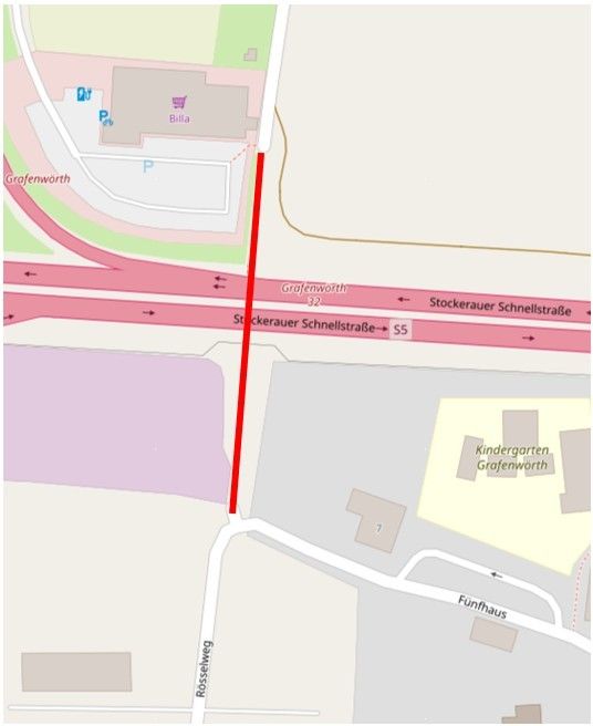 Karte, die die Kreuzung von Stockerauer Schnellstraße und Grafenworth zeigt, mit einer roten Linie, die einen Weg anzeigt. Die Karte zeigt den Standort von Kindergarten Grafenworth und Funfhaus.