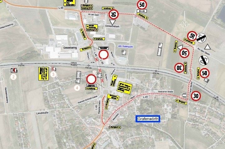 Eine Karte zeigt das Stadtlayout mit den Straßen L45, L45a und L45b. Verkehrszeichen umfassen Geschwindigkeitsbegrenzungen von 50 und 30 sowie verschiedene Richtungspfeile. Bemerkenswerte Orte sind GewerbePark, Gewerbering und Grafenvöth.