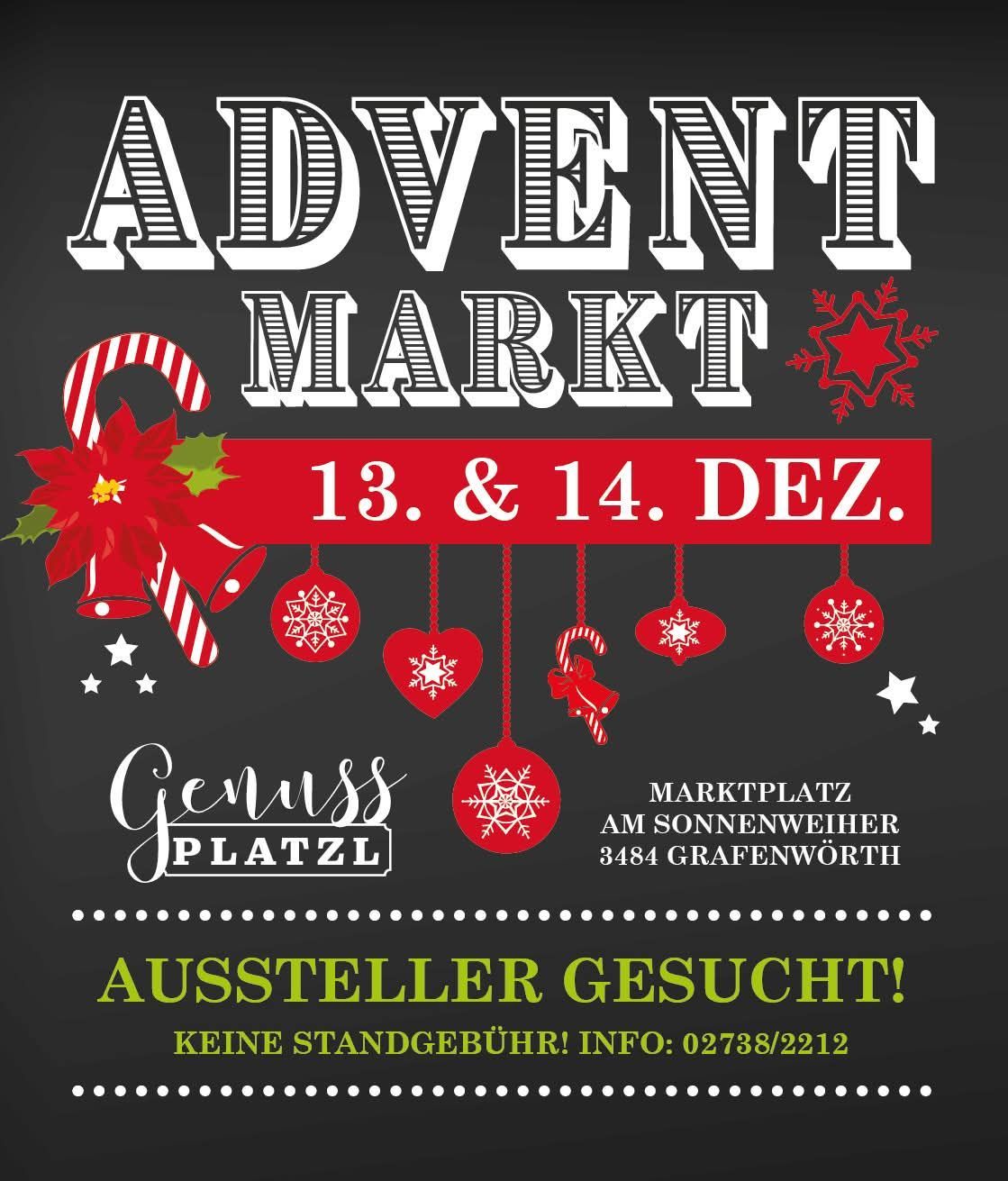 Ein Plakat für den Adventmarkt, der am 13. und 14. Dezember auf dem Marktplatz am Sonnenweiher in Grafenwohr stattfindet. Es zeigt Weihnachtskugeln, Zuckerstangen und Schneeflocken. Der Markt sucht Aussteller. Keine Eintrittsgebühr. Für weitere Informationen rufen Sie 02738/2212 an.