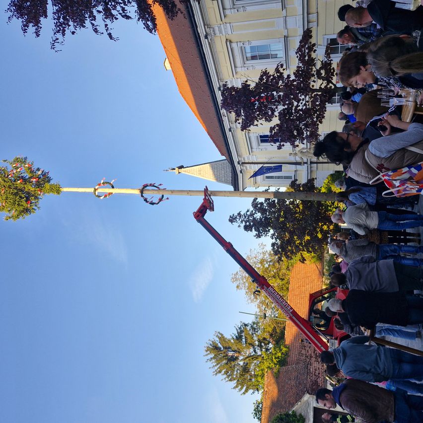 A large crowd gathers around a tall flagpole adorned with flags, under a clear blue sky. A red truck with a crane is nearby.