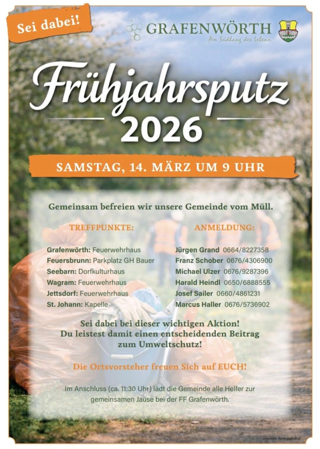 Das Plakat bewirbt eine Frühjahrsputzaktion im Jahr 2026, geplant für den 14. März um 9 Uhr. Treffpunkte und Anmeldeinformationen werden bereitgestellt. Die Ortsvorsteher laden alle zur Teilnahme ein.