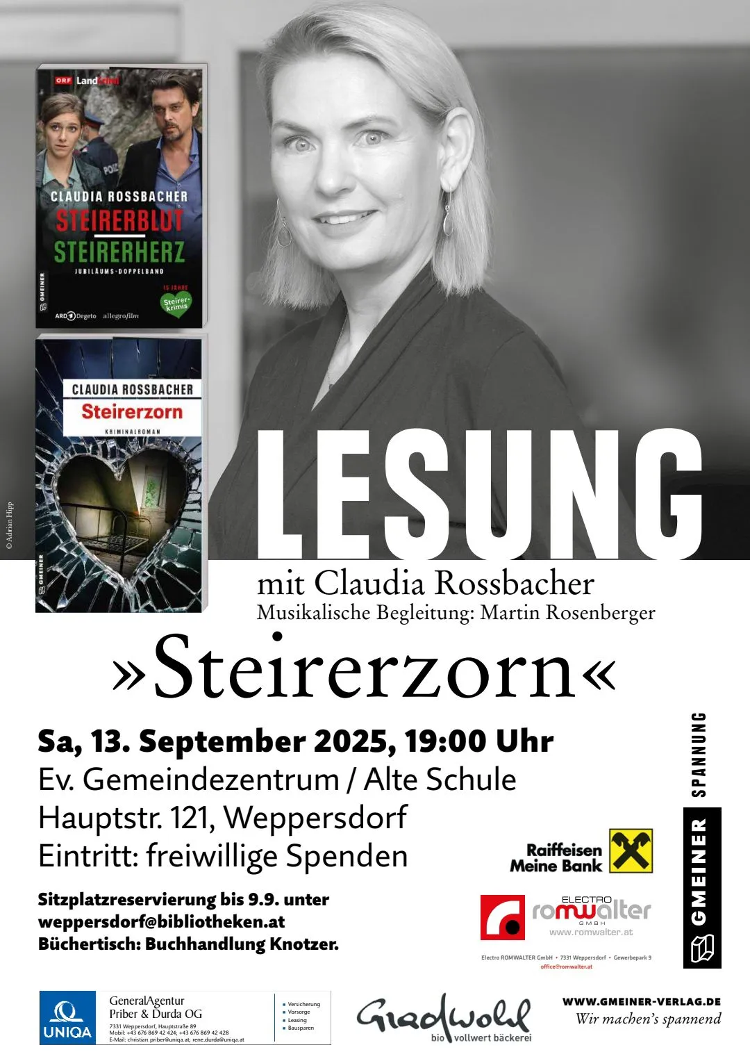 Eine Werbung für eine Lesung mit Claudia Rossbacher, betitelt 'Stiererzorn'. Geplant für Samstag, 13. September 2025, um 19:00 Uhr im Gemeindezentrum/Alte Schule. Der Eintritt ist freiwillige Spenden.