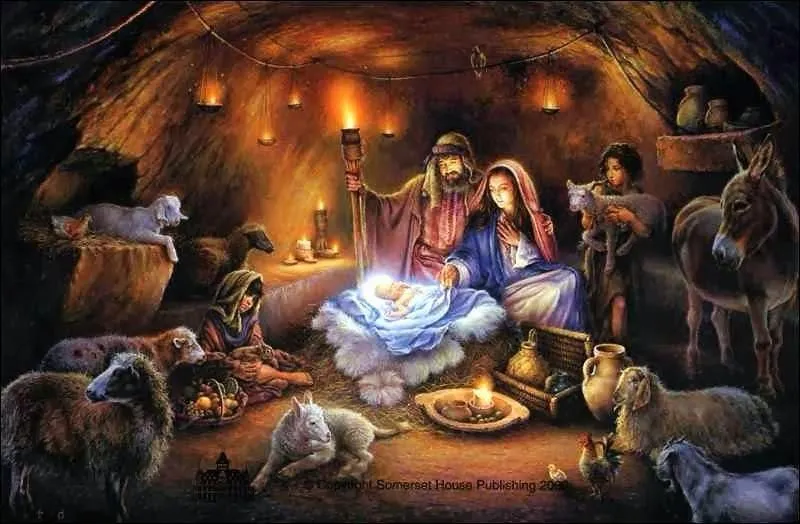 Ein Gemälde einer Krippenszene mit Maria, Josef und Jesus in einer Höhle. Um die Szene herum befinden sich verschiedene Tiere und Menschen.