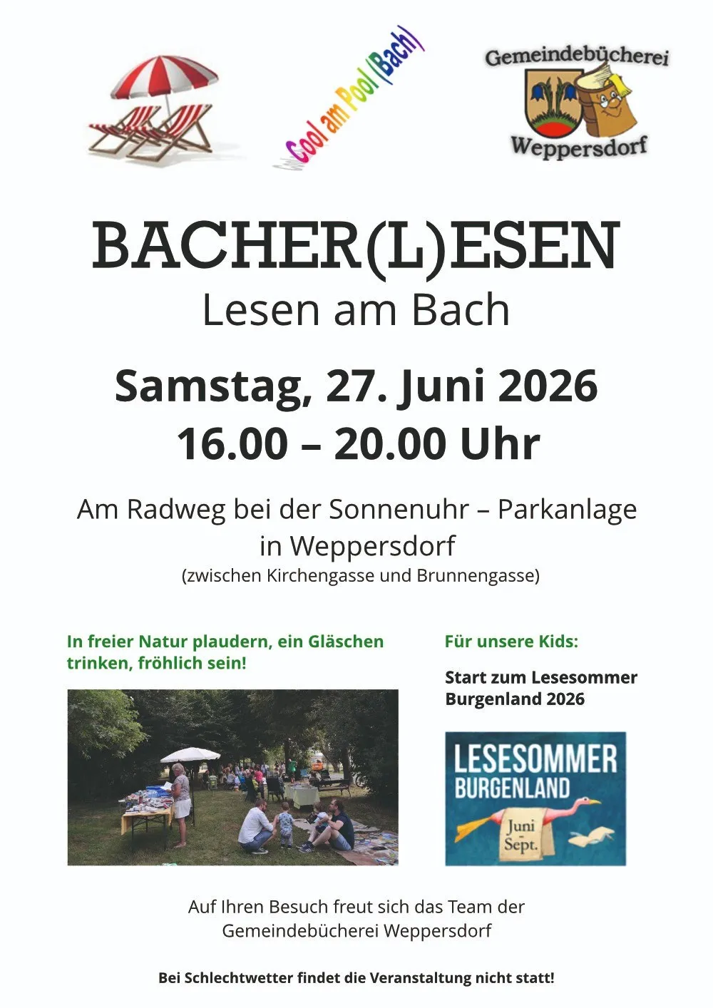 Plakat für Bacher(L)Esen-Veranstaltung. Datum: 27. Juni 2026. Zeit: 16:00-20:00. Ort: Radweg in Weppersdorf. Veranstaltung für Kinder.