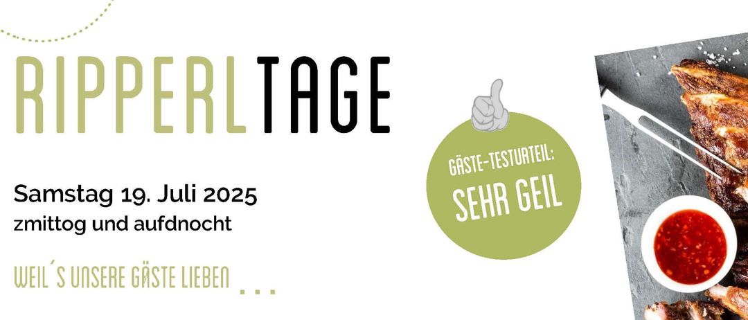 Plakat für Perltage-Veranstaltung am 19. Juli 2025. Zeigt ein Bild von gegrilltem Fleisch mit Soßen und ein Reservierungsformular. Text enthält 'Gäste-Testurteil: sehr geil' und Details zur Veranstaltung in einem Weingut.