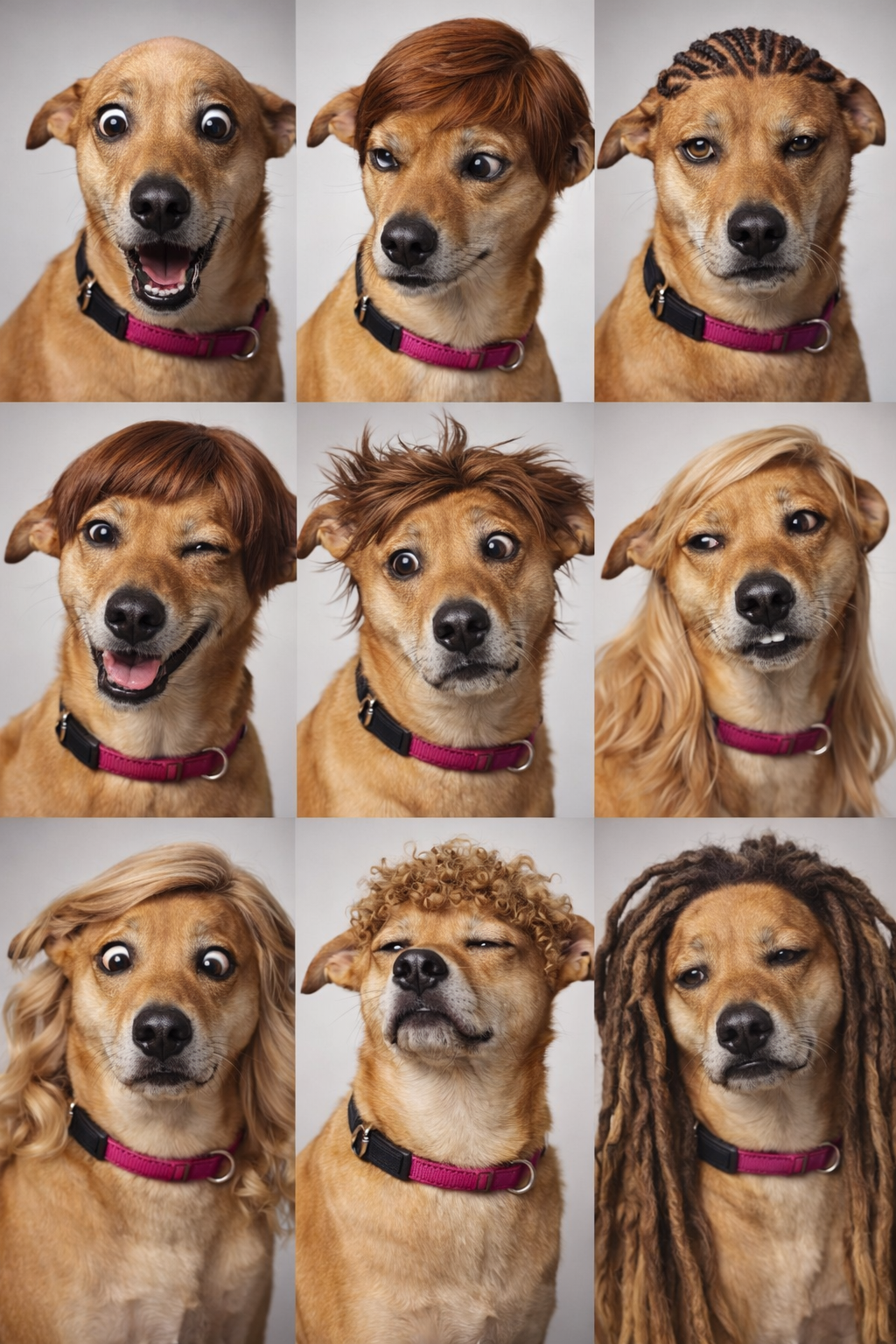 Eine Reihe von Bildern zeigt einen goldenen Hund, der verschiedene Perücken und Frisuren trägt, darunter kurze Haare, lockige Haare und Dreadlocks, mit unterschiedlichen Ausdrücken.