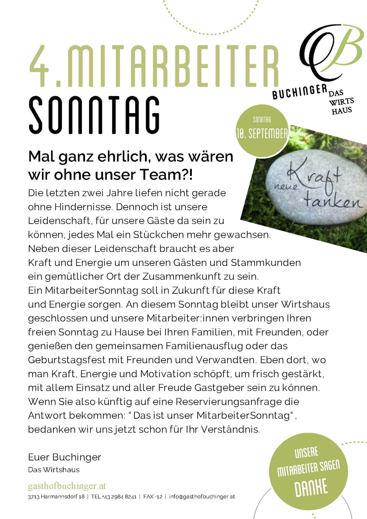Ein Werbeplakat für ein Ereignis am Sonntag, das einen Stein mit den Worten 'Kraft danken' zeigt. Der Text bespricht die Bedeutung des Teams und des bevorstehenden Mitarbeitersonntags.