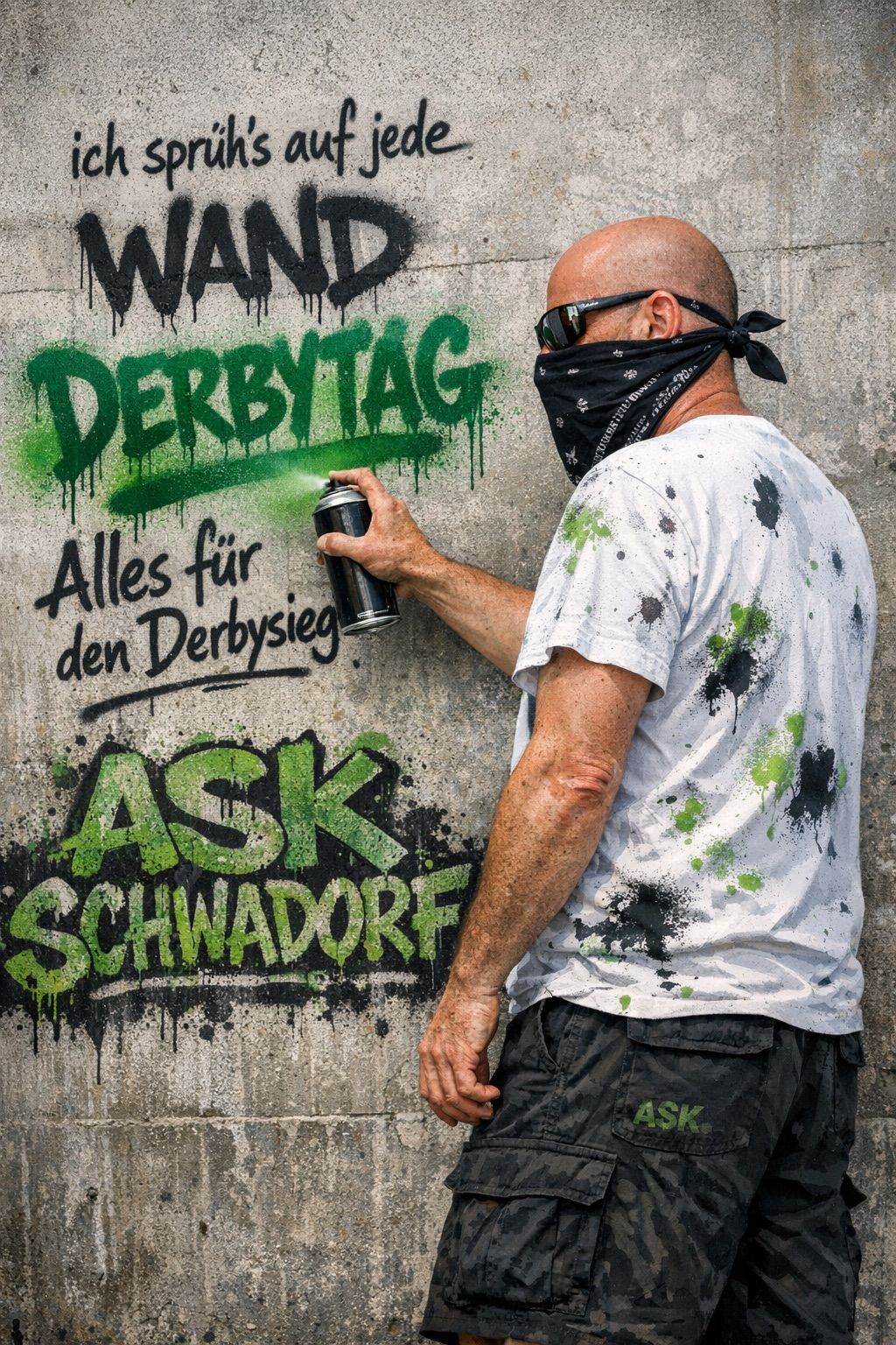 Ein Mann sprüht Graffiti an eine Wand mit den Worten 'Alles für den Derbysieg' und 'Ask Schwadorf'. Die Wand ist auch mit grüner Farbe bedeckt.