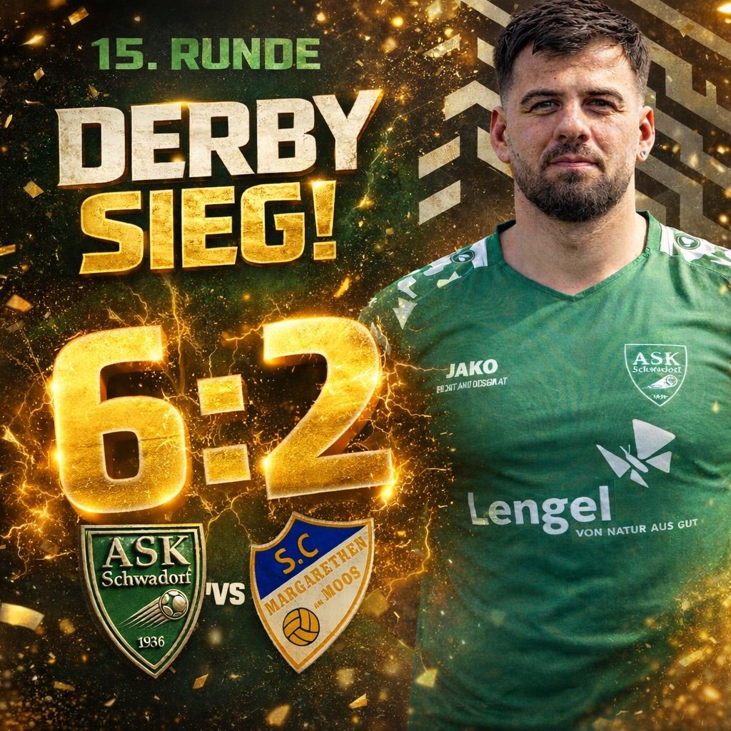Das Bild zeigt ein Sportposter mit einem Mann in einem grünen Trikot, das einen Derbysieg mit einem Ergebnis von 6:2 in der 15. Runde ankündigt, mit den Teams ASK Schwadorf und S.C. Margarethen.
