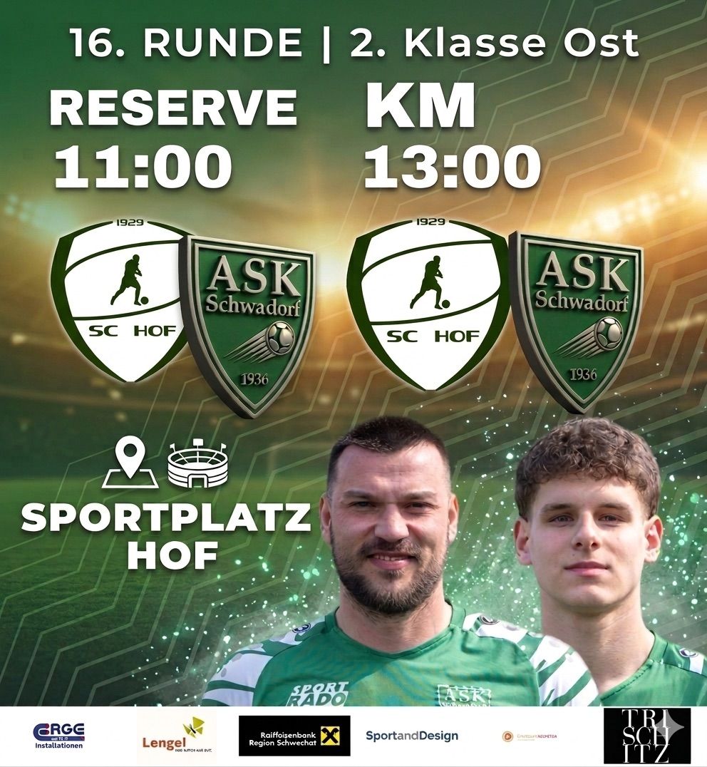 Plakat für die 16. Runde, 2. Klasse Ost, Reserve KM. Zeiten: 11:00 und 13:00. Zwei Fußballspieler in grünen Trikots stehen vor einem verschwommenen Hintergrund mit einem Stadionsymbol.
