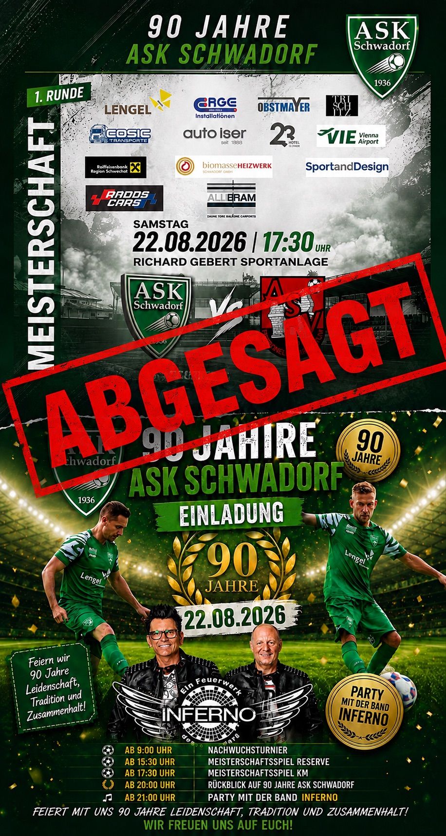 Plakat für ein Fußballspiel zwischen ASK Schwadorf und einem anderen Team, geplant für den 22. August 2026 um 17:30 Uhr. Das Plakat zeigt zwei Spieler in grünen Trikots, ein Logo und einen roten 'Abgesagt' Stempel.