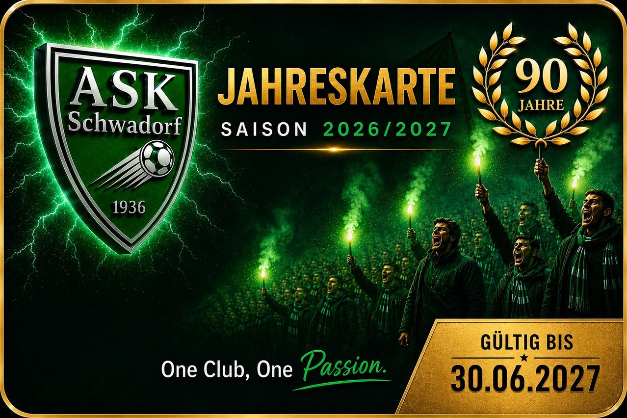 Werbeaktion für die Jahreskarte des Fußballvereins SK Wadorf, gültig für die Saison 2026/2027, mit Fans, die Kerzen halten und jubeln. Der Preis beträgt 30,06.