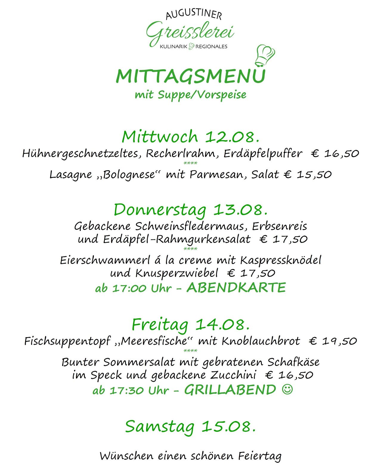 Wöchentliches Menü für den 12.-15. August mit Gerichten wie Hühnerschnitzel, Lasagne und Fischsuppe. Jedes Gericht ist preislich angegeben und zu bestimmten Zeiten erhältlich.