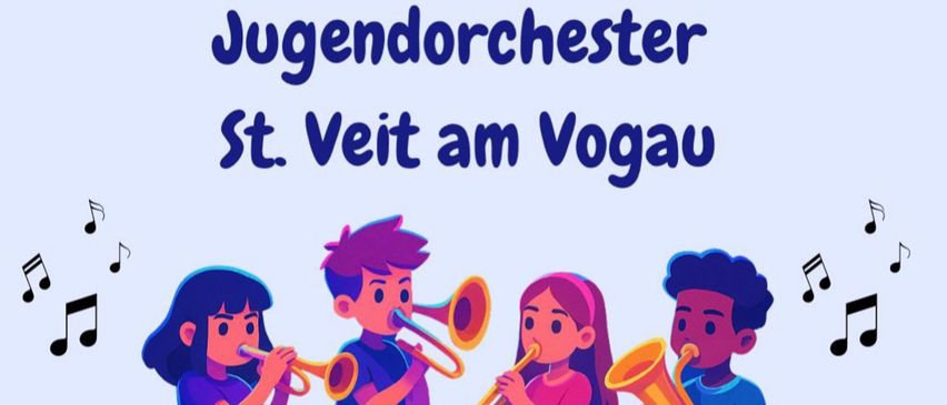Plakat für ein Konzert des Jugendorchesters von St. Veit am Vogau am 27.09.2025 um 15 Uhr. Musiknoten und Instrumente sind abgebildet.