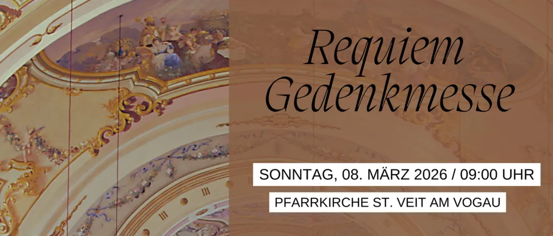 Plakat für eine Veranstaltung am 8. März 2026 um 9 Uhr in der Pfarrkirche St. Veit am Vogau. Es zeigt ein reich verziertes Kircheninneres, goldene Details und eine Liste musikalischer Kompositionen.