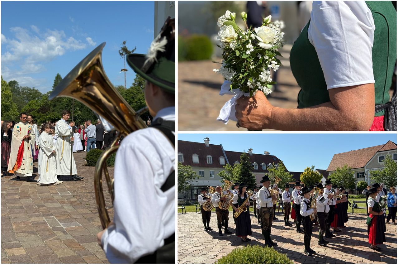 Ein Collage aus drei Bildern: Ein Musiker spielt Tuba, eine Person hält einen Blumenstrauß und eine Blaskapelle spielt im Freien.