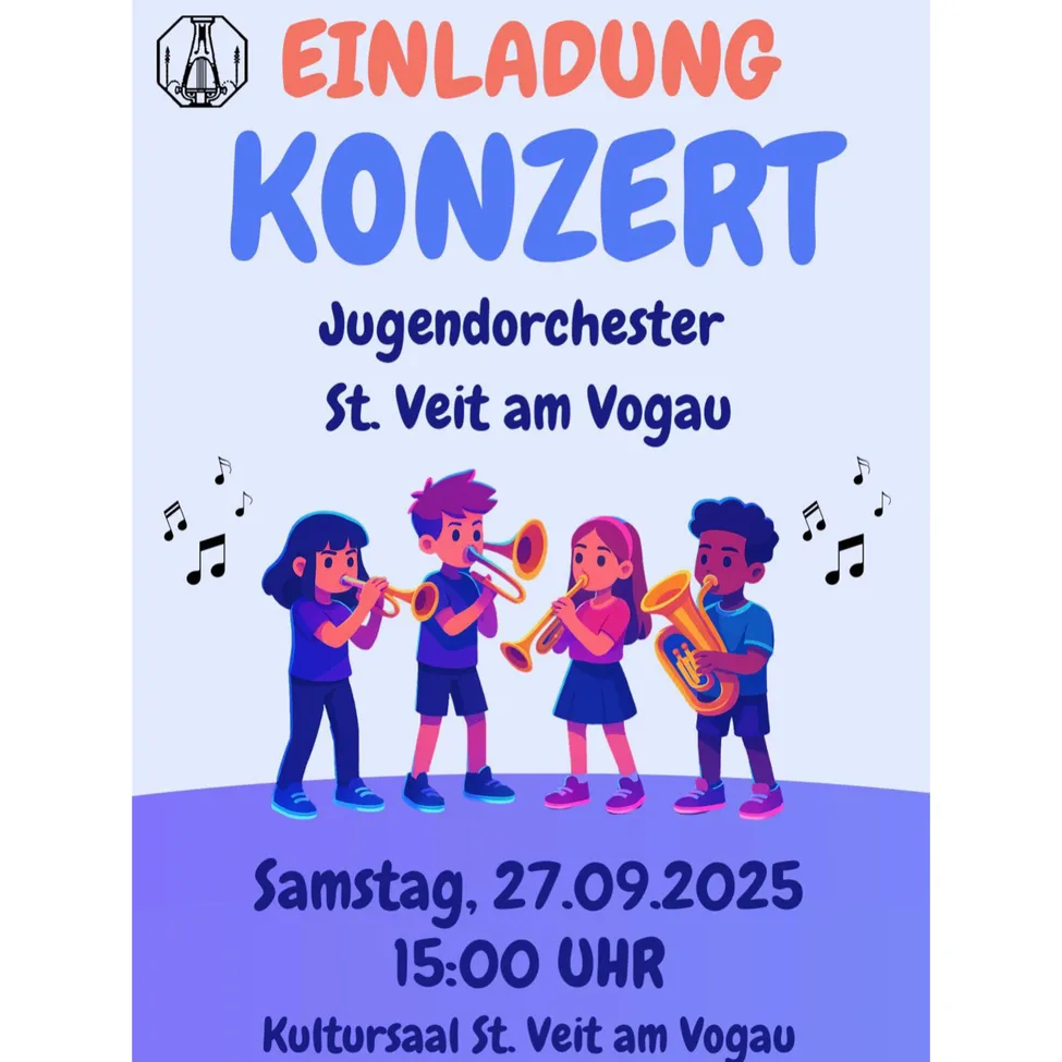 Plakat für ein Jugendorchesterkonzert. Es zeigt Noten und Kinder, die Trompeten und Posaunen spielen. Das Datum ist der 27. September 2025 um 15:00 Uhr in der Kultursaal St. Veit am Vogau.