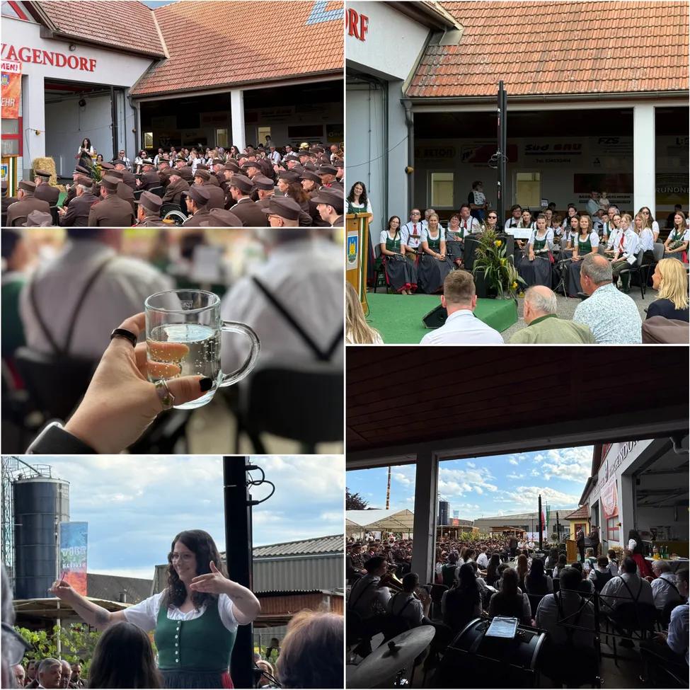 Ein Collage verschiedener Szenen eines Festivals. Oben links ist eine große Menschenmenge zu sehen. Oben rechts zeigt eine Gruppe von Menschen eine Aufführung. Unten links hält eine Frau ein Glas Bier. Unten rechts sieht man eine Menschenmenge, die eine Aufführung beobachtet.