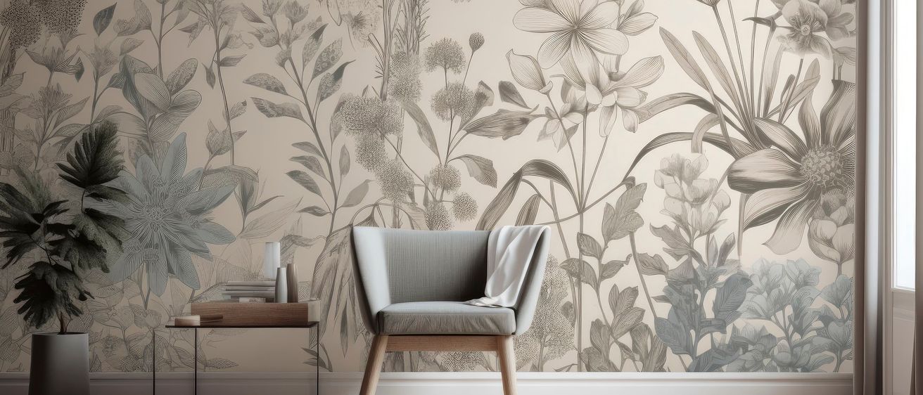 Ein Raum mit einer beigen Wand, die botanische Illustrationen zeigt. Ein grauer Stuhl steht davor, mit einem weißen Tuch über der Rückenlehne. Ein Beistelltisch mit einer Vase und Büchern befindet sich in der Nähe.