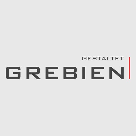 Das Bild zeigt das Wort 'Grebien' in fetten, schwarzen Großbuchstaben auf weißem Hintergrund, mit 'gestaltet' in kleinerer Schrift darüber.