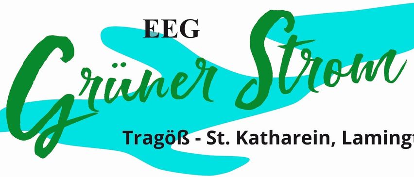 Ein blau-weißes Logo mit dem Text EEG in Grün, Trainer St. Kathrein in Weiß und Tragos in Schwarz.
