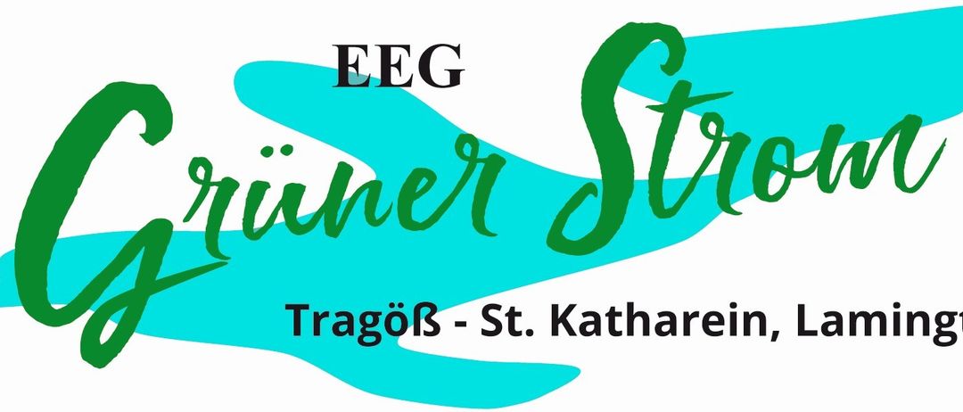 Ein blau-weißes Logo mit dem Text EEG in Grün, Trainer St. Kathrein in Weiß und Tragos in Schwarz.