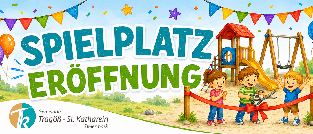 Eine Illustration eines kleinen Mädchens, das vor einem Spielplatz steht, mit den Worten 'HELPLATZ FFNUNG' in großen Buchstaben. Der Spielplatz hat eine Rutsche und eine Schaukel, und es hängen bunte Dekorationen darüber.