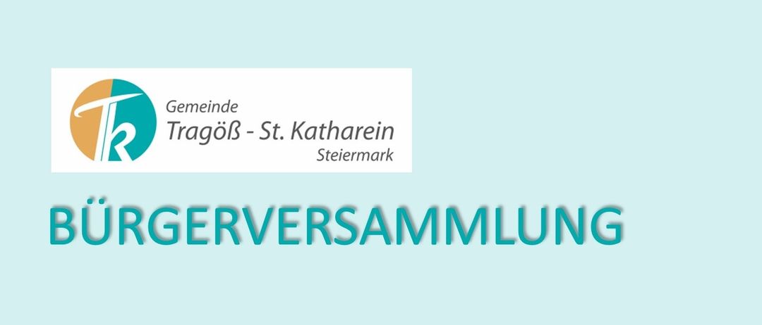 Ein blauer Banner mit weißem Text zeigt 'Einde goB - St. Kathrein Steiermark' über einem größeren blauen Text, der 'ERVERSAMMLUN' lautet.