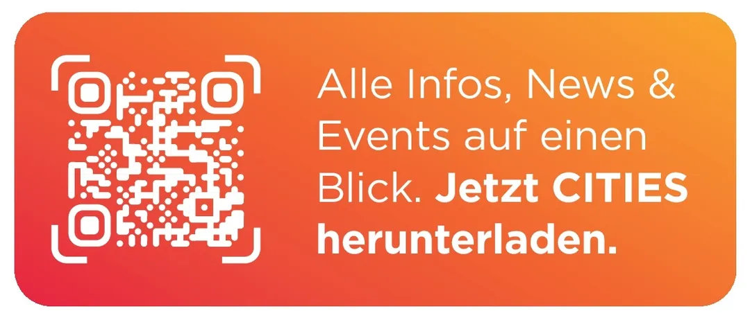 Ein orangefarbenes Banner mit einem QR-Code auf der linken Seite und Text auf der rechten Seite. Der Text lautet: 'Alle Infos, News und Events auf einen Blick. Jetzt CITIES herunterladen.'