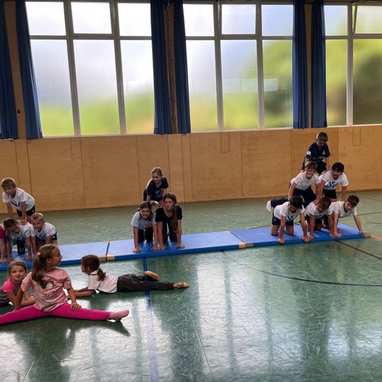 Eine Gruppe von Kindern macht Yoga in einer Turnhalle. Sie sind auf blauen Matten, einige stehen, andere liegen. Die Turnhalle hat große Fenster und ein grünes Feld draußen.