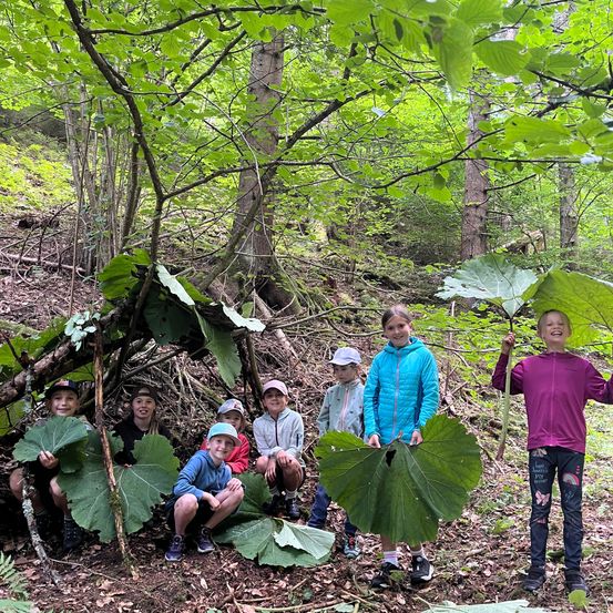 Eine Gruppe von Kindern im Wald, einige sitzen und andere stehen, alle halten große Blätter. Sie lächeln und scheinen für ein Foto zu posieren.