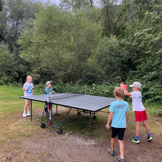Vier Kinder spielen Tischtennis auf einem Tisch im Freien in einem Park. Zwei Jungen spielen gegen zwei Mädchen. Der Tisch steht auf einem Erdweg.