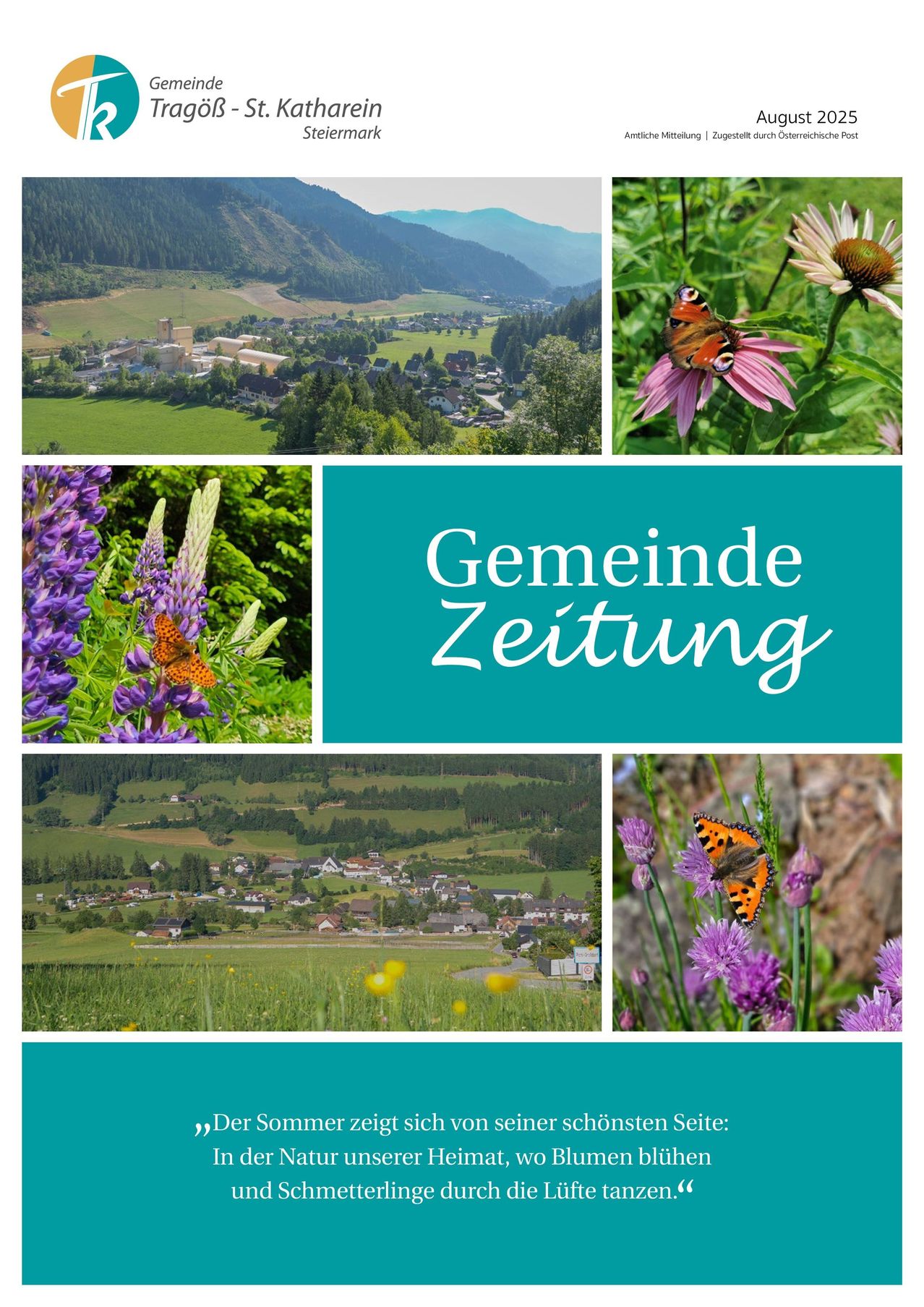 Eine Collage natürlicher Szenen mit einem Bergdorf, Blumen und Schmetterlingen. Oben links zeigt es ein Dorf im Tal, oben rechts eine Blume mit einem Schmetterling und unten links eine Wiese mit Häusern. Unten rechts ist ein Schmetterling auf einer Blume zu sehen.