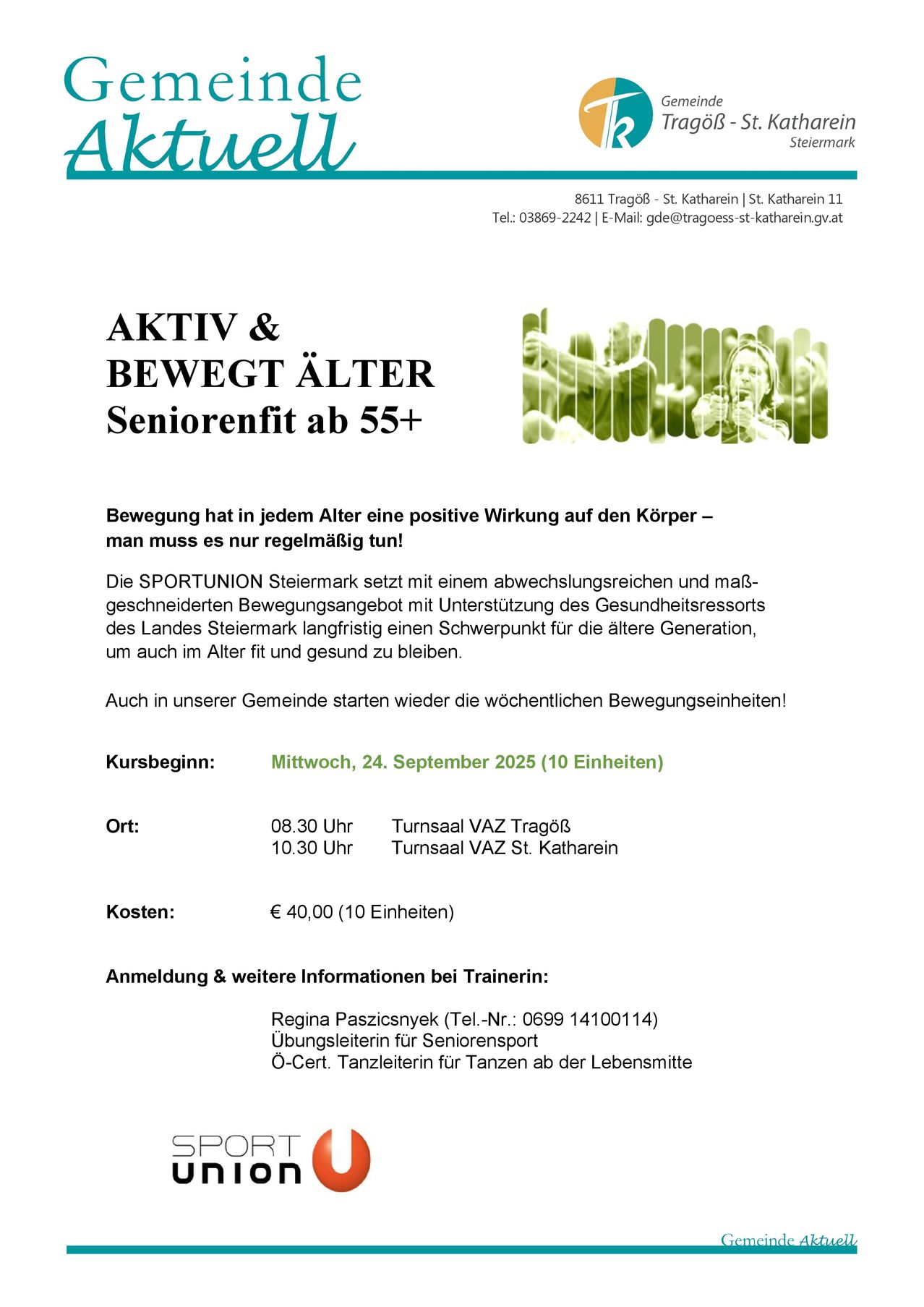 Der Flyer bewirbt ein Seniorenfitnessprogramm für Menschen ab 55 Jahren und betont die positiven Auswirkungen regelmäßiger Bewegung. Es bietet eine Vielzahl von Aktivitäten, darunter Tanz und andere Übungen, mit Beginn der Kurse am Mittwoch, 24. September 2025. Der Flyer enthält auch Informationen zu den Kosten und Kontaktdetails für die Anmeldung.