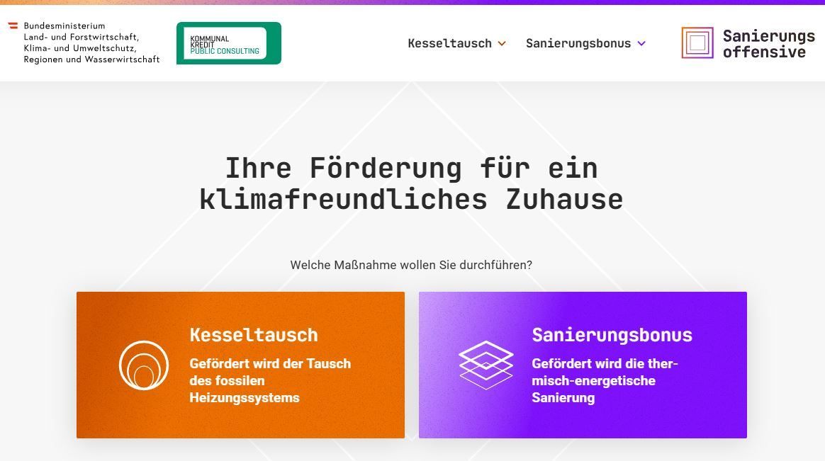 Eine Webseite zeigt eine Seite, die Subventionen für klimafreundliches Wohnen anbietet. Die Seite hat zwei Optionen: Kesseltausch und Sanierungsbonus.