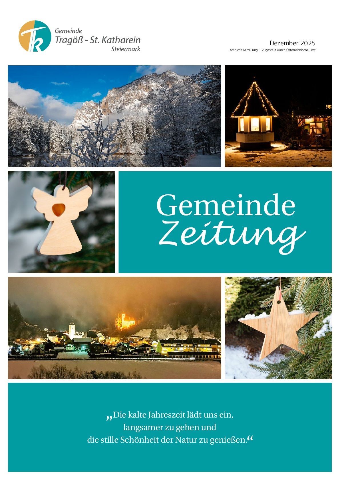 Eine Collage aus Winterszenen. Ein verschneiter Berg, eine beleuchtete Laterne, eine Stadt mit Lichtern und ein Weihnachtsstern. Der zentrale Text lautet 'Gemeinde Zeitung'.