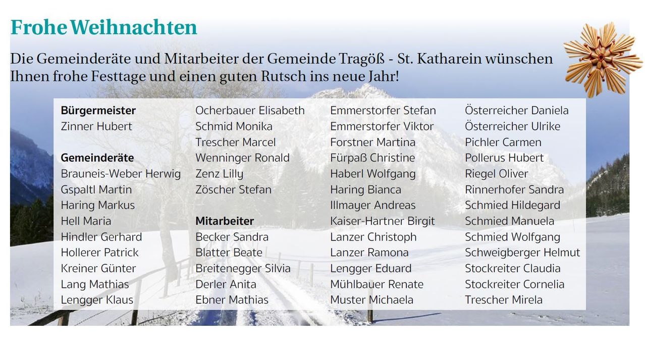Ein Plakat listet Mitarbeiter der Tragolls-St.Kathrein-Gemeinde auf. Es enthält Namen wie Ocherbauer Elisabeth, Emmerstorfer Stefan und andere. Es wünscht einen guten Start ins neue Jahr.