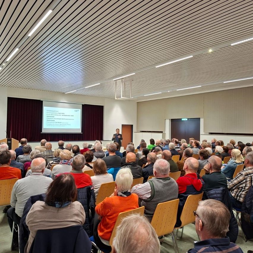 Ein Mann steht vor einer Projektionsleinwand und hält eine Präsentation für ein großes Publikum in einem Raum mit Holzstühlen, weißer Decke und rotem Vorhang.