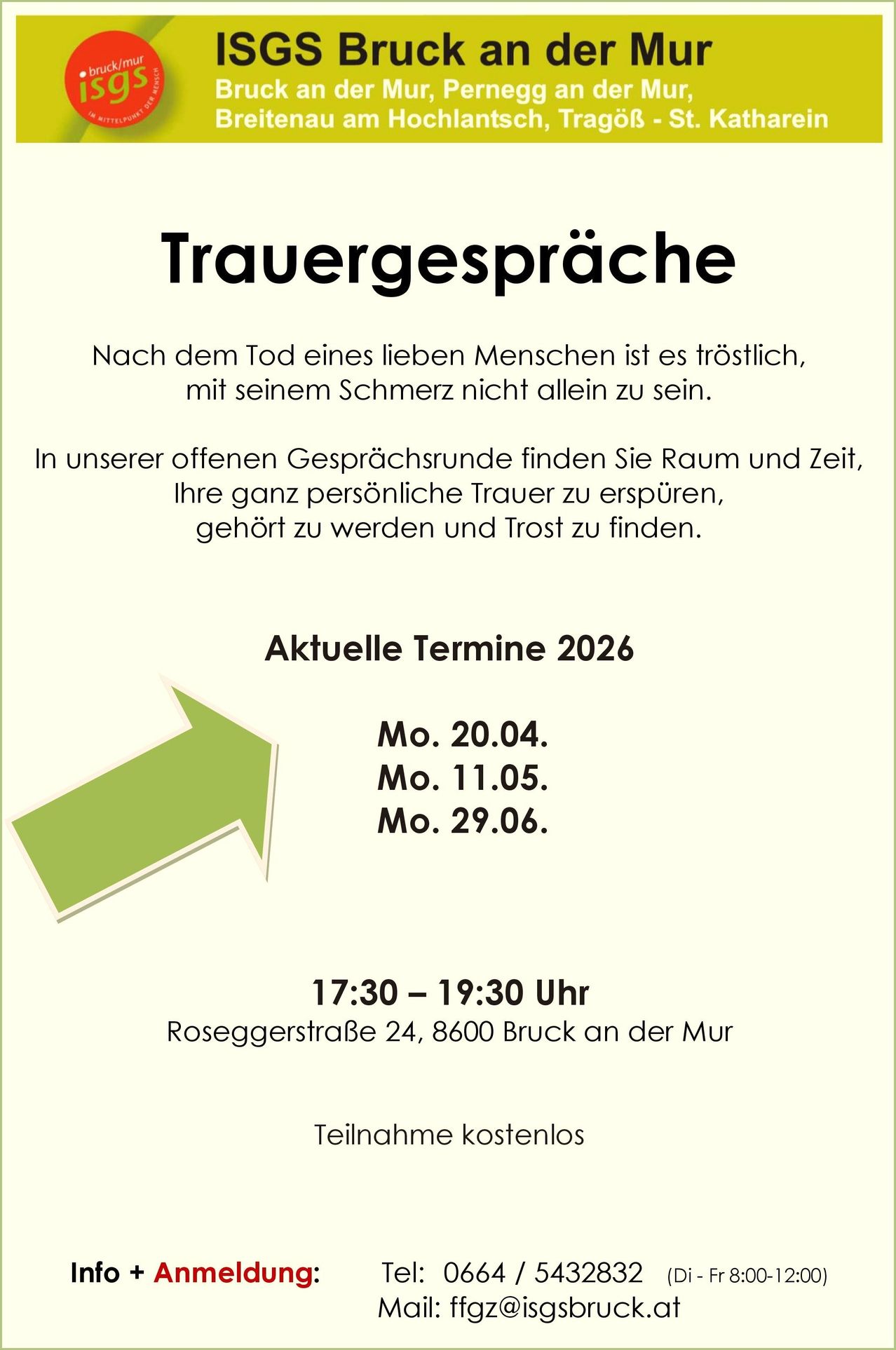Trauergespräche. Nach dem Tod eines geliebten Menschen ist es tröstlich, mit seinem Schmerz nicht allein zu sein. In unseren offenen Gesprächsrunden finden Sie Raum und Zeit, Ihre ganz persönliche Trauer zu spüren, gehört zu werden und Trost zu finden. Aktuelle Termine 2026. 17:30-19:30. Roseggerstraße 24, 8600 Bruck an der Mur.