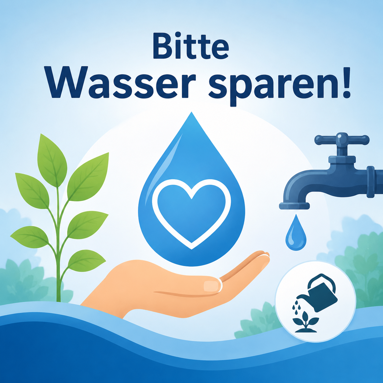 Ein Bild ermutigt zur Wassereinsparung mit einer Hand, einem Wasserhahn und einer Pflanze, mit dem Satz 'Bitte Wasser sparen!' in Deutsch.
