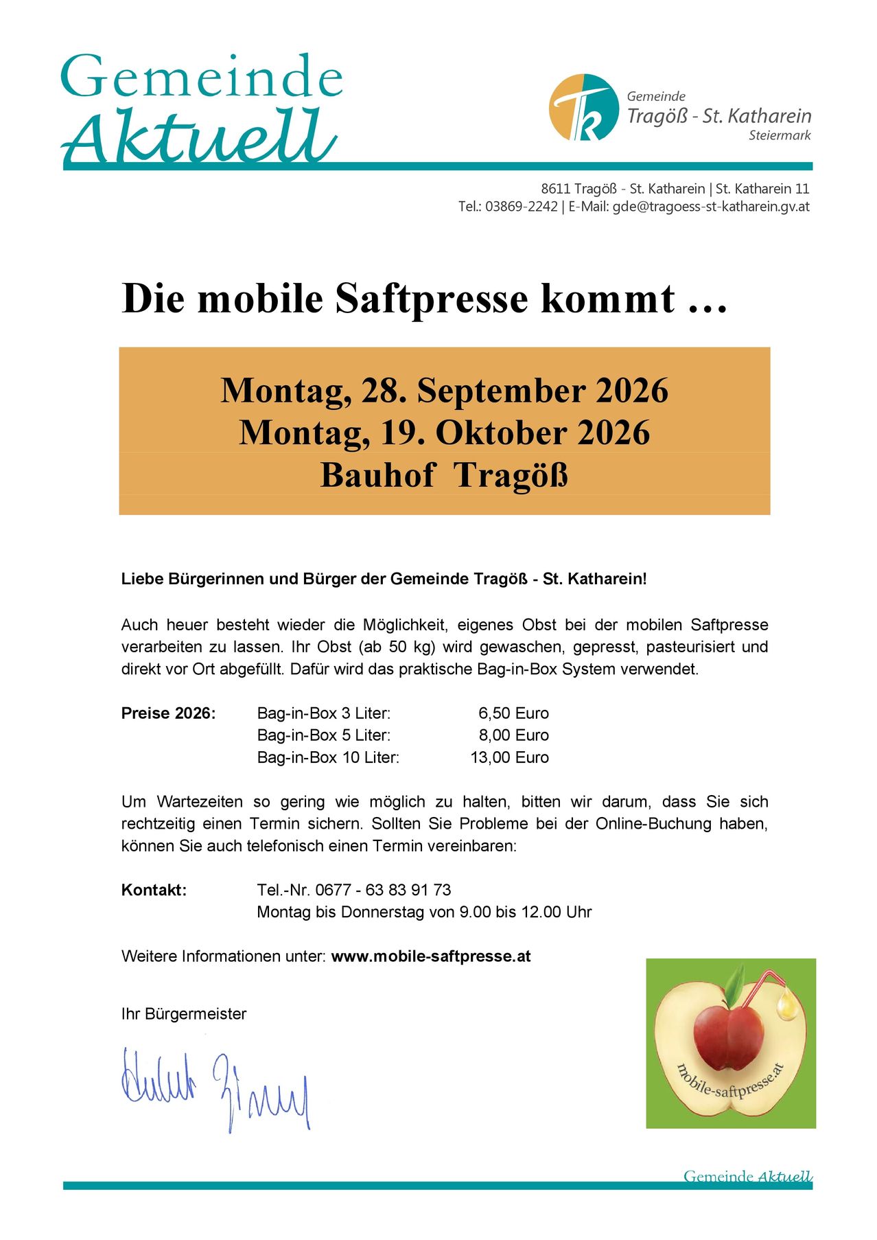 Plakat für einen mobilen Saftpressdienst in TragoB, St. Kathrein. Es enthält Termine, Preise und Kontaktinformationen zur Buchung.