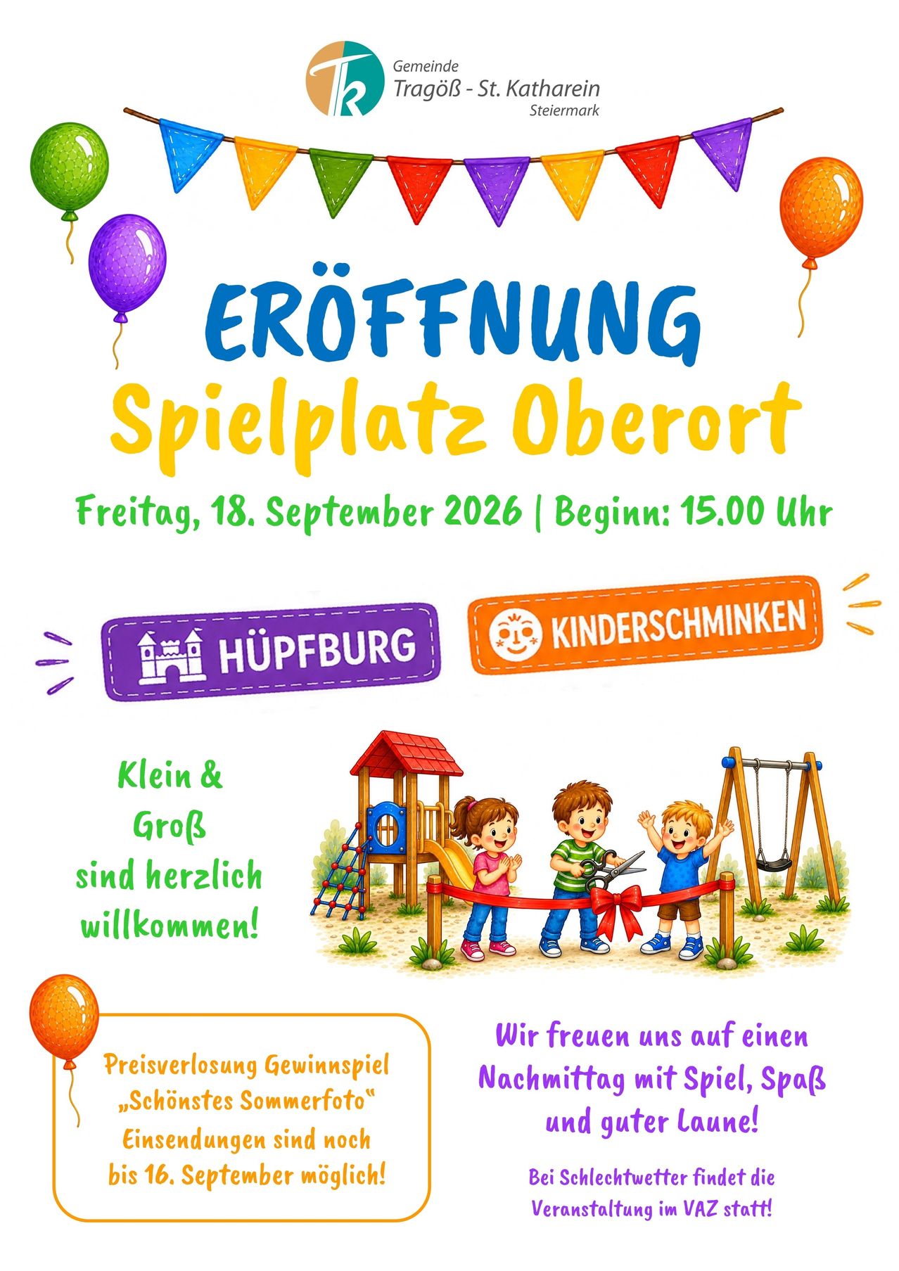 Plakat zur Eröffnung eines Spielplatzes in Oberort am 18. September 2026 mit Kindern, die auf Spielgeräten spielen.