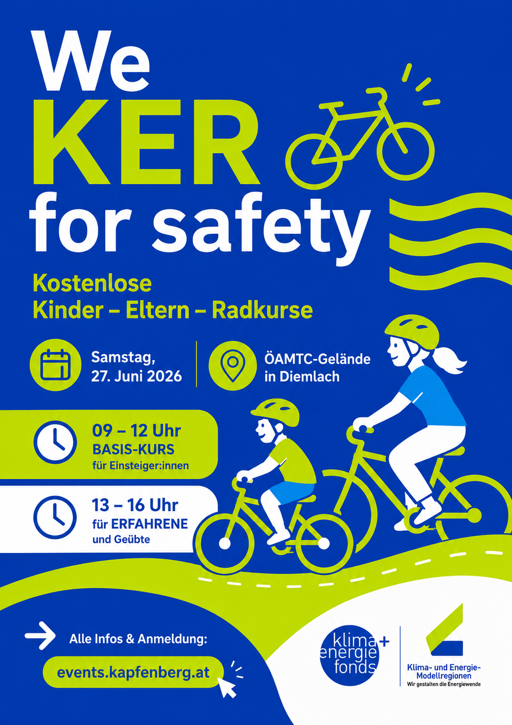 Kostenlose Fahrradsicherheitskurse für Kinder und Eltern. Am 27. Juni 2026 von 9-12 Uhr für Anfänger und 13-16 Uhr für Erfahrene auf dem Gelände des ÖAMTC in Diemlach.