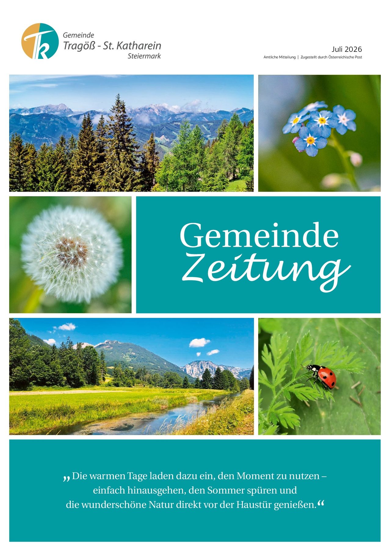 Eine Collage natürlicher Bilder mit Bergen, Bäumen, Blumen und einer Marienkäfer. Der zentrale Text lautet 'Gemeinde Zeitung' in fetten Buchstaben.