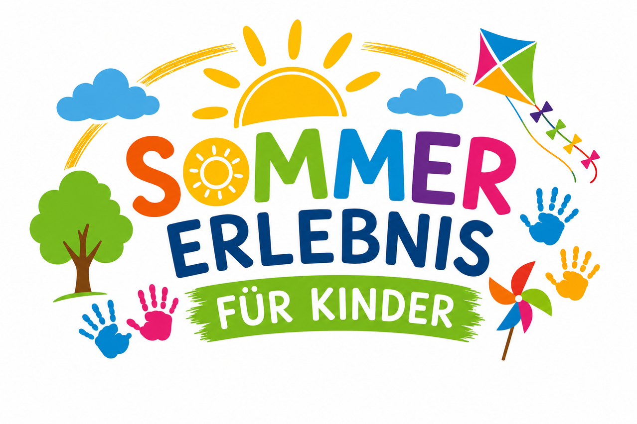 Ein farbenfrohes Bild mit Sonne, Wolken, Drachen und Handabdrücken. Es steht 'SUMMER ERLEBNIS FÜR KINDER'. Es ist wahrscheinlich ein Plakat für ein Sommererlebnis für Kinder.