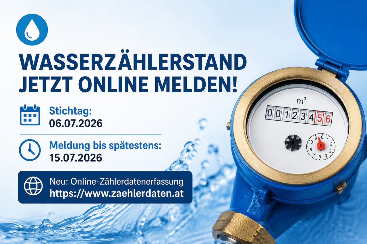 Werbung für die Online-Einreichung von Zählerständen mit einem blauen Wasserzähler, den Zahlen 00123 auf dem Zähler und einem Wassertropfenbild. Frist ist der 7. Juli 2026. Besuchen Sie https://www.zaehlerdaten.at für weitere Informationen.