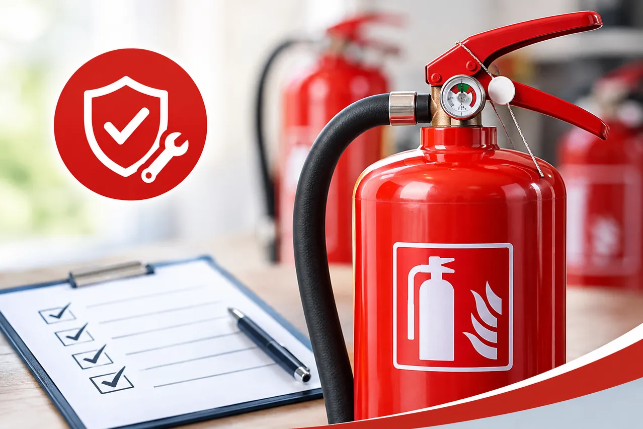 Ein roter Feuerlöscher mit einem weißen Flammensymbol steht auf einem Holztisch mit einem Klemmbrett und einem Stift.