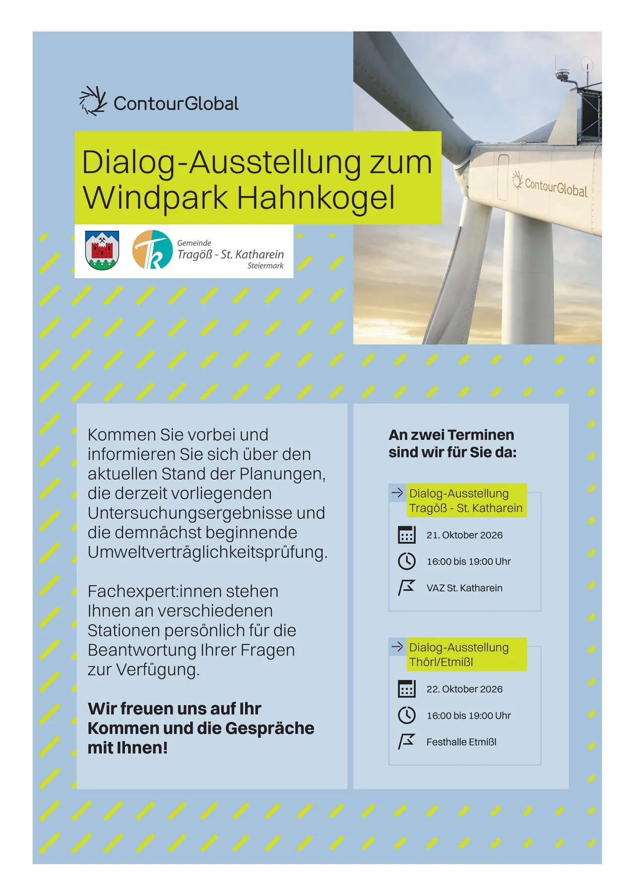 Eine Werbung für den Windpark Hahnkogel in TragoB - St. Kathrein, Österreich. Der Plakat zeigt eine Windturbine, ein gelbes Banner mit dem Titel 'Dialog-Ausstellung zum Windpark Hahnkogel' und einen blauen Hintergrund mit weißem Text.