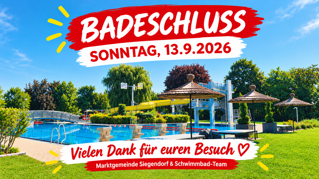 Poster advertising the closing of a swimming pool on Sunday, September 13, 2026, featuring a pool, slide, and umbrellas.