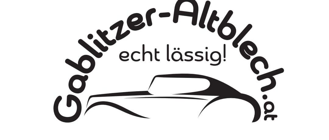 Ein stilisiertes Logo für 'Golitzer-Altblech' mit einem Oldtimer und dem Slogan 'echt lassig'. Das Design beinhaltet eine geschwungene Linie über dem Auto, wobei Text und Logo einen Kreis bilden.